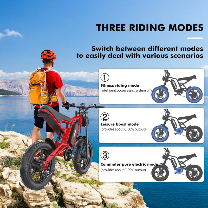 Hidoes B6 Electric Fat Bike - 1200W Motor, 48V 15Ah Battery, 50 Mile Range, 20 Tires Red